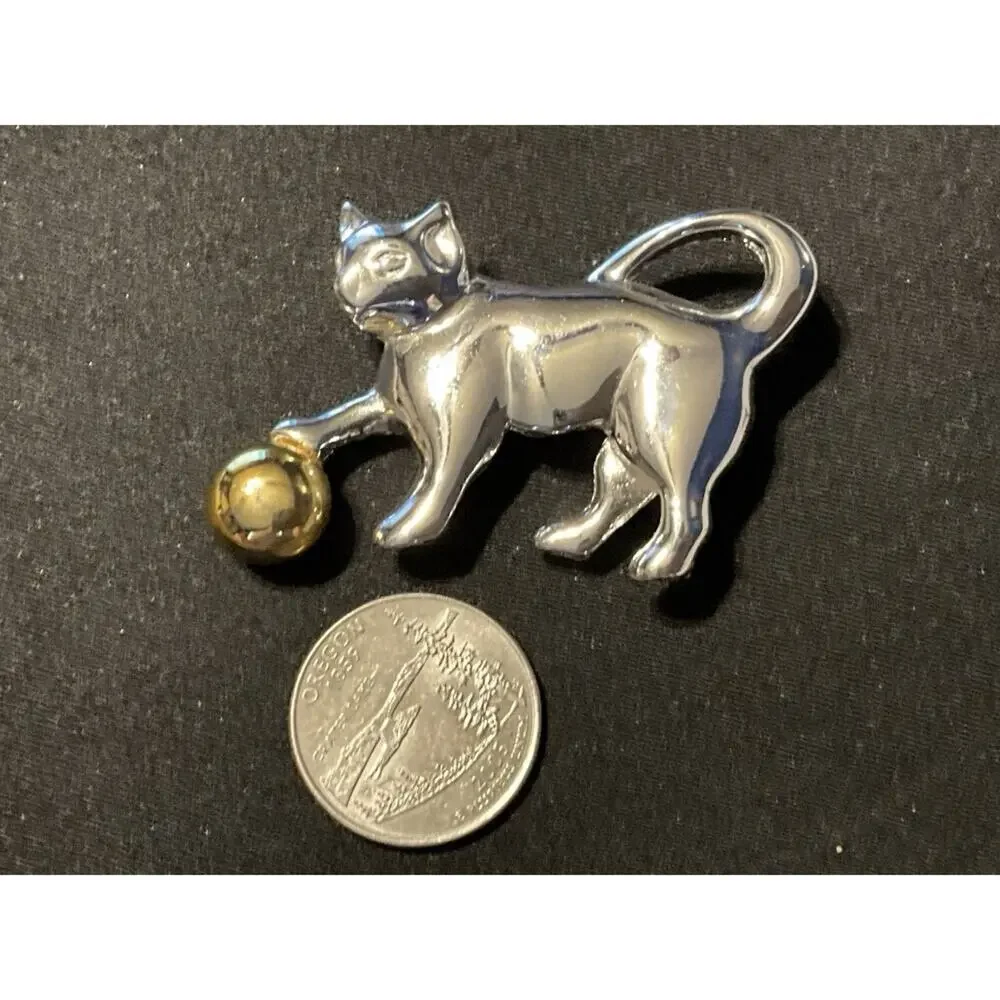 Vintage Gold & Silver Tone Cat Brooch W/ Gold Tone Ball